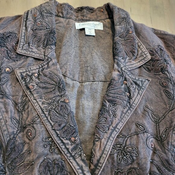 COLDWATER CREEK Jacket Brown Sz 4P Petite Floral Embroidered Beaded Denim Blazer - Picture 4 of 16
